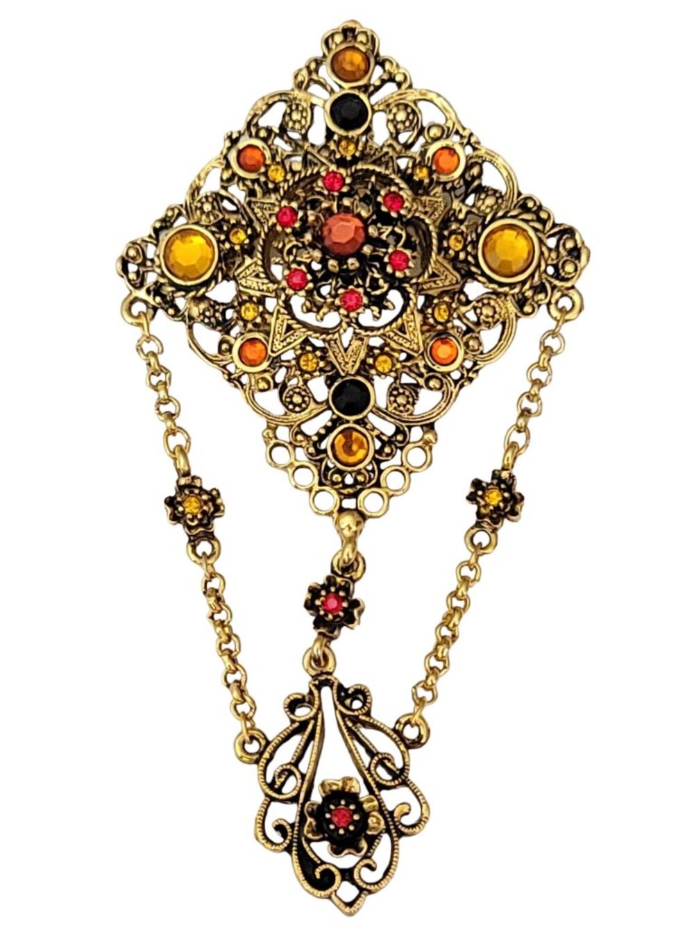 Gold Tone Lucite Cabochon Chatelaine Chain Style Brooch
